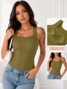 ChicMe Women's Seamless Sleeveless Square Neck Camisole With Built-In Padding, High Elasticity Slim Fit Casual Basic Undershirt - Olive Green - View 1