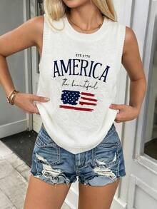 Spring/Summer New Round Neck Women's Tank Top AMERICA USA Letter Print, White Summer T-Shirt, Minimalist Fashion, Suitable For Commuting - White - View 2