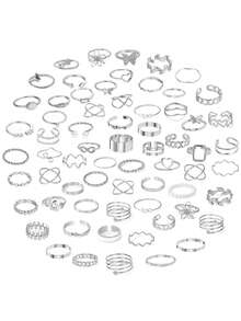 68/66/22pcs Multi-Piece Stackable Fashion Minimalist Elegant Exquisite Vintage Design Geometric Ribbon Flower Leaf Heart Faux Pearl Rhinestone Shiny Star Moon Eye Oil Drop Cross Chain Square Round Butterfly Cross Multi-Layer Wave Twist Smooth Plain Metal Style Rings Set For Holiday Vacation Party Date Gift Daily Commute Wear - Silver - View 6