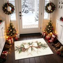 1pc Kitchen Floor Mat, Soft Faux Cashmere Material, Beige Bow & Pine Branch Decor, Non-Slip, Absorbent, Suitable For Kitchen, Bathroom, Entryway, Fresh & Cozy Home Decor, Multi-Scene Use, Christmas Room Decoration, Holiday Gift - Multicolor - View 5
