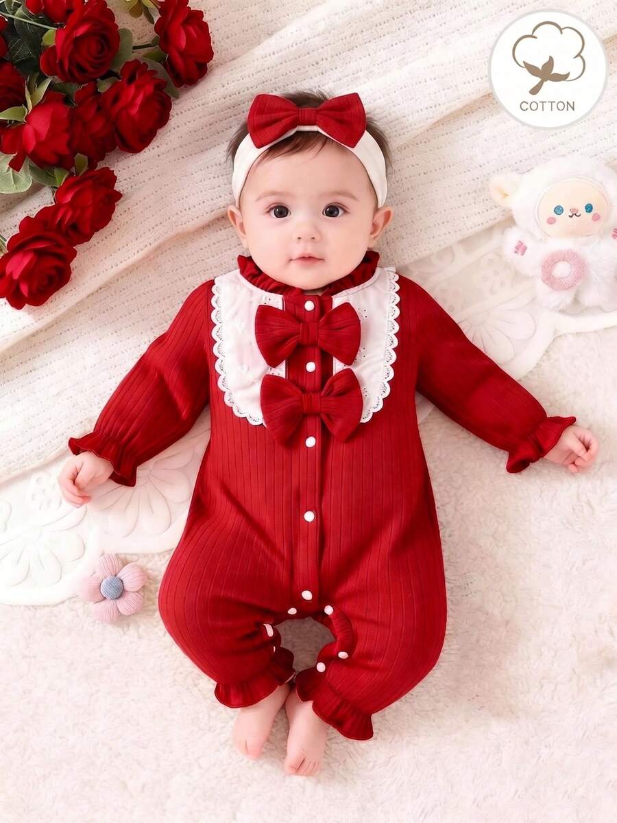 Newborn Baby Girl Pink Knitted Ribbed Cute Ruffle Collar Lace Trim Design Double Bow Button Front Long Sleeve Romper And Headband - Red - View 1