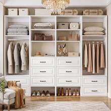 White Modern Closet System, 5.91Ft Wood Walk-In Closets Wardrobe Organizer, 23.5" Closet System With 2 Drawers & Hanging Rod & Open Shelf, 22.8" Closet Organizer System With 3 Drawers & 3 Adjustable Shelves, 2 Size - White - View 2
