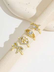 4PCS Vintage Gold Bowknot Heart Faux Pearl Finger Rings, Girly Rhinestone Bowknot Carved Stackable Ring Set - Gold - View 3