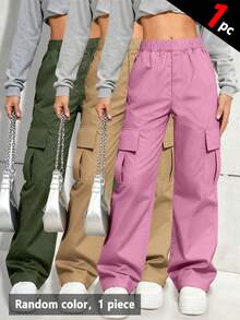 [1pc Random]1pc Tween Girl Teen Fashion Personalized Solid Color Comfortable Loose Multi-Pocket Cargo Pants Spring Autumn - Pink - View 6