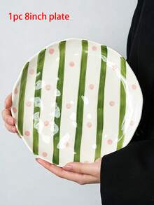 2pcs/1pc Hand Painted Striped & Polka Dot Ceramic Plates Set, Asymmetrical Wavy Rim Dinner Plates, Green Stripe Pink Dot Salad Dessert Serving Dishes, Microwave & Dishwasher , Tableware For Home Kitchen - Multicolor - View 18