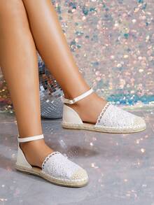 Women's Casual Fisherman Sandals, Closed Toe Hollow Flat Sole Straw Woven Flat Sandals - White Mesh - View 2