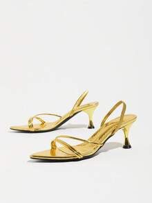 Women's Elegant Gold High Heel Sandals, Vacation, Shiny Metallic Pointed Toe Kitten Heel Shoes With Elastic Back Strap, Suitable For Party - Gold - View 6