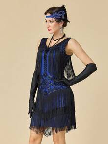 1920年代無袖 Flapper 舞女裙 大領口《大亨小傳》風格 亮片流蘇 咆哮20年代雞尾酒洋裝 - 藍色 - 查看 5