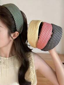 1pc Women's Vintage Plaid Padded Wide Headband, Checkered Pattern Fabric Hair Hoop, Sweet Avant-Garde Style Solid Color Hair Accessory, Suitable For Women And Girls - Multicolor - View 1