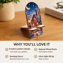 Wooden Phone Stand/Tablet Stand/Adjustable Portable Stand, 2D Printed Christmas Cottage Snowman Night Scene Pattern, Independence Day Back To School Wedding Season Munich Beer Festival Gift, Slouchy Hands-Free Charging Convenient Desktop Decor - D - View 4