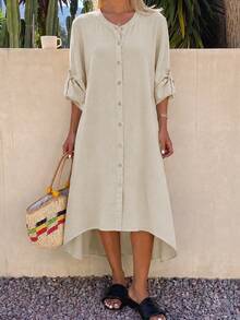 Women's Solid Color Loose Elegant Casual Faux Linen Shirt Dress - Apricot - View 5