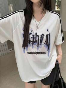 Women's Spring/Summer New Oversized Color Block Two-Stripe Side Stripe Short Sleeve T-Shirt, Fashion Loose Slimming Korean Style Daily Casual White - White - View 4