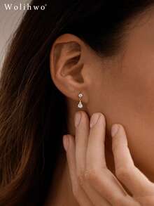 1Pair Dainty Gold‑Tone Round & Kite Cut CZ Drop Earrings, Elegant Sparkling CZ Dangle Earrings, Minimalist Jewelry For Women Daily Dating Wedding Wear - Gold - View 7
