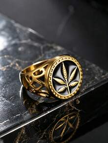 1pc Old Money Stainless Steel Men's Maple Leaf Cast Thumb Ring, Suitable For Men's Daily Wear And Motorcycle Accessories - Gold - View 3