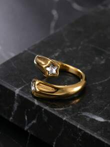 Hipoem 1pc Cast Old Money Style Stainless Steel Star Zirconia Open Adjustable Ring, Men's Daily Dating Outfit Accessory - Gold - View 2