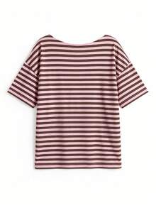 Oversized Striped Classic Asymmetrical Shoulder Loose T-Shirt, Fashionable Y2K Street Style Summer, Casual Top Brown - Brown - View 4