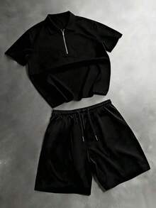 Men's Zipper Special Cut Short T-Shirt Set, Casual Pure Black Outfit, Suitable For Daily Wear And Outdoor Sports - Black - View 4