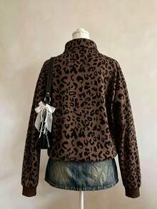 Plus Size Women's Leopard Print Half-Zip Sweatshirt, Fashionable Long Sleeve Collared Sweatshirt, Autumn Outfit Choice Casual - Brown - View 3
