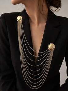 1PC Ins Fashion Multi-Layer Chain Fringed Brooch, High-End Double-Round Pin For Formal Evening Gowns - Gold - View 1
