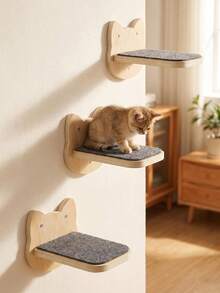 Cat Wall Shelf Steps, Cat Head Shaped Wooden Climbing Frame With Felt Scratching Pad, Wall-Mounted Indoor Cat And Kitten Furniture - Apricot - View 3