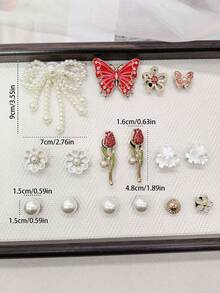 16PCS Bling Rhinestone Red Butterfly Rose Clog Shoe Charms Accessories Faux Pearl Bow Flower Shoe Buckles DIY Decorations Retro Beads Shoe Clips Decor - Multicolor - View 12