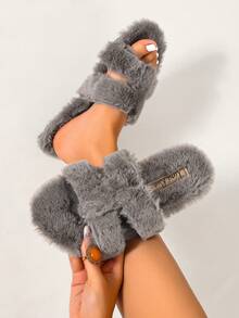 Ximi Ruo Women's Solid Color Flat Fuzzy Slippers Casual Vacation Beach Home Indoor Outdoor Wear Autumn Winter Warm Simple Fashion Fuzzy Slippers Slouchy Slip-On Women's Shoes Soft Fuzzy Lining Daily Commute Outfit Indoor Home Outdoor Street Wear Versatile Soft Lightweight Women's Slippers Autumn Winter Warm Gentle Style Women's Slippers Comfortable Flat Casual Travel Outfit Shoes Slouchy Home Outdoor Wear Dual-Use Fleece Slippers - Grey - View 3