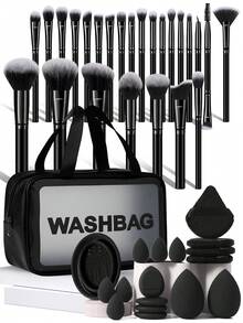 43Pcs/4pcs Black Makeup Brush Set Makeup Brushes Cosmetic Sponges Triangle Powder Puffs Finger Puffs Brush Cleaner Bowl Cosmetic Storage Bag Complete Makeup Tool Kit For Beginners - Black - View 10