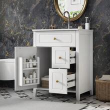 61 Cm Freestanding Vanity Unit In White With Ceramic Basin, Gold Handles, Flip-Out Drawer, Drawers, Side Shelf And Storage Under The Sink, Without Tap - 白色 - 查看 3