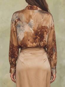 Women's Autumn Outfit, Business Casual Women's Clothing, Women's Autumn Wear, Spring/Autumn Women's Shirts, Vintage Floral Print Long Sleeve Turn-Down Collar Button-Up Blouse, Slimming Business Casual, Suitable For Commute/Holiday/Teacher's Day, Halloween Women's Clothing, Women's Vacation Wear - Brown - View 4