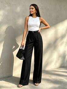 Women's High-Waisted Pleated Loose Fit Trousers, Suitable For Work And Casual Occasions, Black Color (Belt Not Included), Spring/Summer - Black - View 2