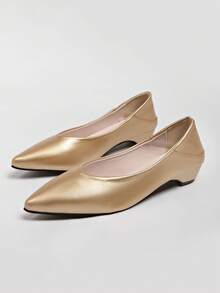 Vintage Brown Pointed Toe Flat Shoes Women New French Style Colorblock Low Vamp Hidden Heel Flat Shoes All Season - Gold - View 6