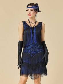 1920年代無袖 Flapper 舞女裙 大領口《大亨小傳》風格 亮片流蘇 咆哮20年代雞尾酒洋裝 - 藍色 - 查看 3