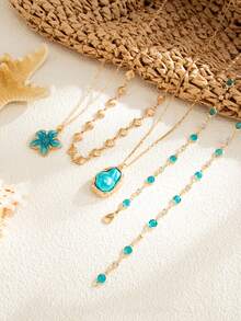 4pcs/Set Bohemian Floral Necklace, Heavy-Duty Multi-Layer Y-Shaped Chain, Beach Vacation Atmosphere Neck Accessory, Suitable For Seaside Holiday, Beach Travel, Daily Hot Girl Outfit, Dating - Gold - View 4