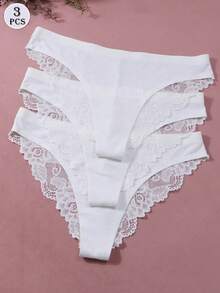 3件組女款性感蕾絲與絲綢內褲內衣 - 白色 - 查看 1