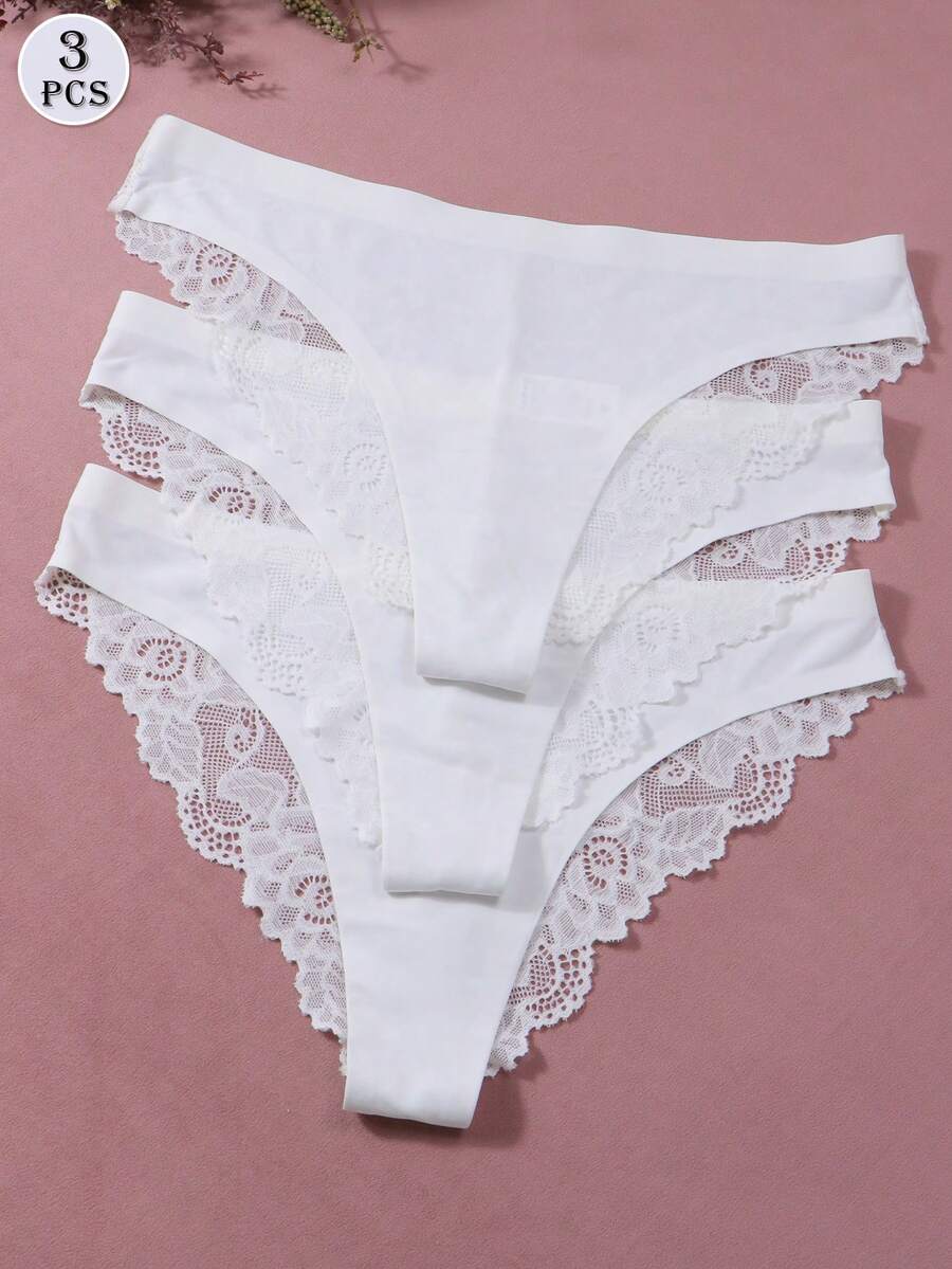 3件組女款性感蕾絲與絲綢內褲內衣 - 白色 - 查看 1