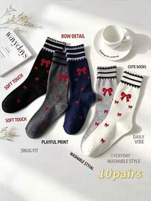 5 Pairs Japanese Style Red Bow Mid-Calf Socks For Women, Lace Trim Striped Socks, Sweet Girl Style Versatile Slouch Socks - Multicolor - View 8