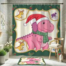 4 Piece Bathroom Set Cute Pink Dinosaur With Santa Hat Scarf Print Shower Curtain Set Christmas Holly Berry Frame Dinosaur Pattern Bathroom Decor With Hooks For Home Shower Room Background Decoration - Dinosaur Photo Frame - View 2