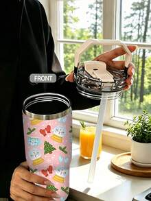 1pc/5pcs 30oz Pink Snowflake Ball Christmas Insulated Tumbler, Stainless Steel, With Handle, Straw And Leak-Proof Flip Lid, Snowman Ball, Christmas Tree And Winter Glove Print, Suitable For Birthday And Holiday Gifts, For Travel, Work, Fitness And Daily Outdoor Use - Pink - Snowman Snow Globe - View 6