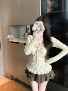 Elegant Hollow-Out Waist-Cinching Long Sleeve Knit Top For Women, Early Autumn Soft Style Slimming Short Length Regular Shoulder Blouse - White - View 2