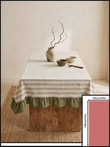 1pc Beige Base Green Fine Stripe & Olive Green Ruffle Edge Tablecloth, Fresh Natural Style Fabric Rectangular Tablecloth With Olive Green Ruffle Edge Patchwork Detail, Decorative & Functional For Daily Home Dining And Fresh Home Decor - Multicolor - View 10