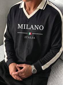男士拼色V領長袖 Polo T恤，復古米蘭字母印花設計，春秋款寬鬆上衣 - 黑色 - 查看 1