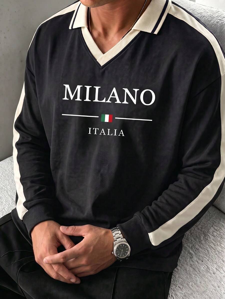 男士拼色V領長袖 Polo T恤,復古米蘭字母印花設計,春秋款寬鬆上衣 - 黑色 - 查看 1