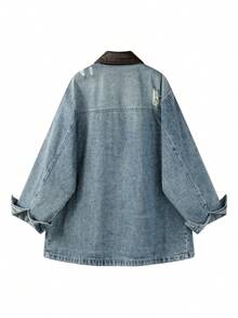 Distressed Vintage Ripped Leather Collar Denim Effect Jacket For Travel, Casual And Vacation - Royal Blue - View 2