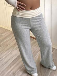SCARLUX Y2K Women's Solid Gray Flare Pants, Cuffed Low Waist Casual Long Pants, Suitable For Back To School Streetwear - Light Grey - View 5