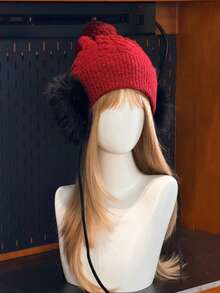 Versatile Warm Knitted Hat For Women, Winter Thermal Lined Pom Pom Earflap Hat, Face-Slimming Oversized Beanie - A - View 9