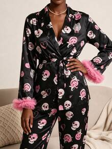 Women's Black & Pink Halloween Skeleton Print Satin Pajama Se Smooth Faux Silk Fabric,Party & Home Wear 2-Piece Set - Black - View 2