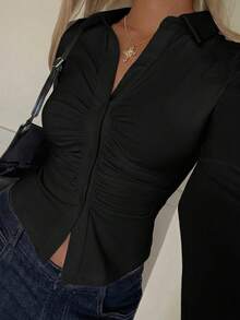 ATTRACO Slim Fit Collared Button Long Sleeve Shirt Blouse, Women's Y2K Black Button Shirt, Autumn Outing Top, Halloween, Concert And Back To School Season Outfit - Black - View 4