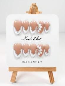 YINZIJIA 10 Pieces, Handmade, French Floral Gradient, Subtle Differences=Unique Handmade Short Almond Shaped Pure Handmade Nail Board Set, Suitable For Girls And Women To Wear On Daily Holidays, Including 1 Nail File And 1 Piece Of Jelly Glue - Multicolor - View 2