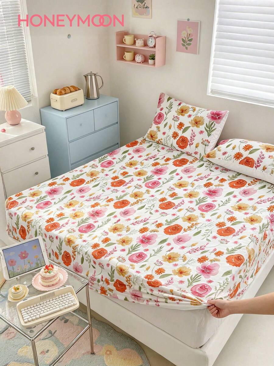 HONEYMOON 1pc Printed Fitted Sheet, Suitable For 9-12 Inch Thick Mattresses, Soft, Wrinkle-Resistant, Breathable And Comfortable, Fits All Bed Sizes - Twin, Full, Queen, King - Multicolor - View 1