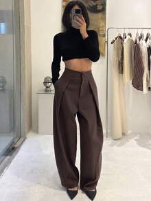 SMILE CHIC 2026 Autumn/Winter New Back To School Season Vintage Versatile Curved Pleated Wide-Leg Pants, Simple Tailored Cut, Height-Enhancing And Slimming - Khaki - View 2